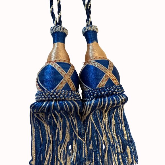 Elegant Blue Gold Curtain Tieback Craft Decor VTG Tassel Cord Set of 2 Regal DIY - Picture 11 of 12